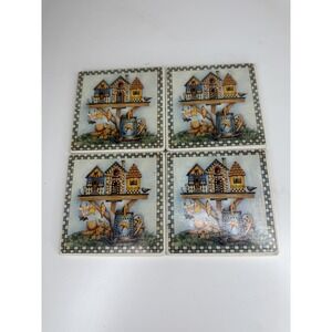Set of 4 Stone Tile Bird Birdhouse Watering Can Coasters Cork Bottom 3.75"